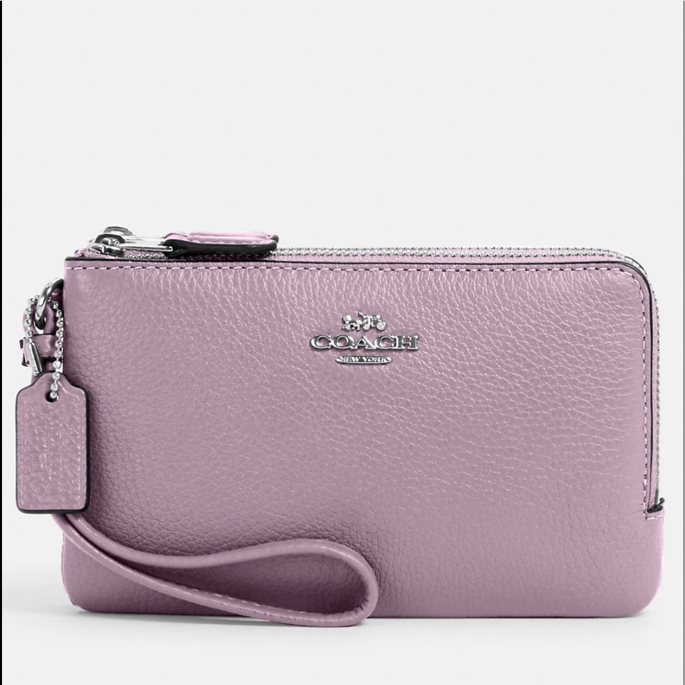NEW AUTHENTIC COACH LEATHER DOUBLE CORNER ZIP WRISTLET NEW COLOR BABY PURPLE